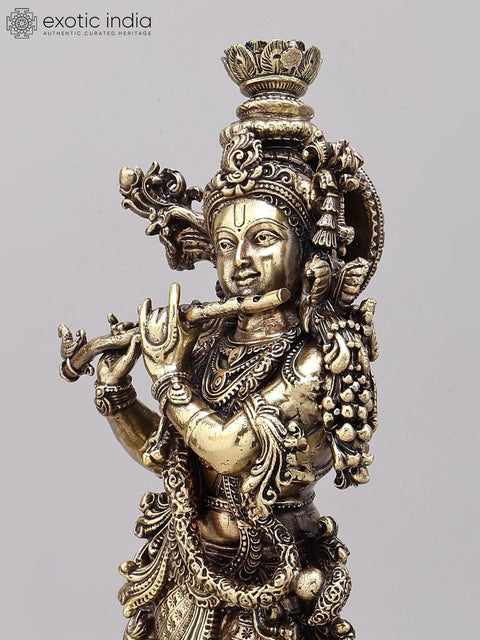 14" Superfine Fluting Lord Krishna with Peacock Lamps | Brass Statue on Wood Base