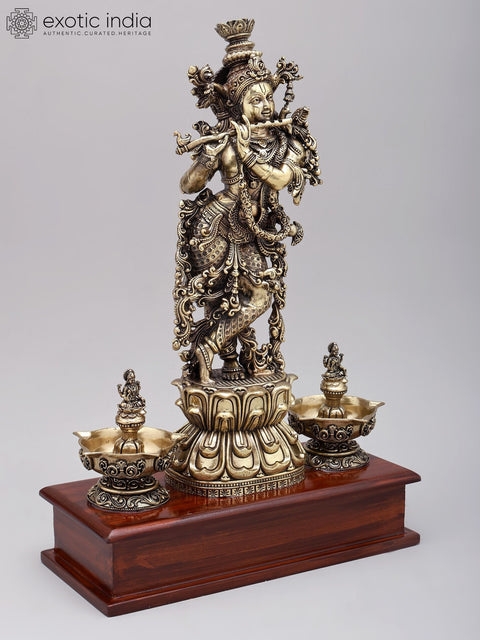 14" Superfine Fluting Lord Krishna with Peacock Lamps | Brass Statue on Wood Base