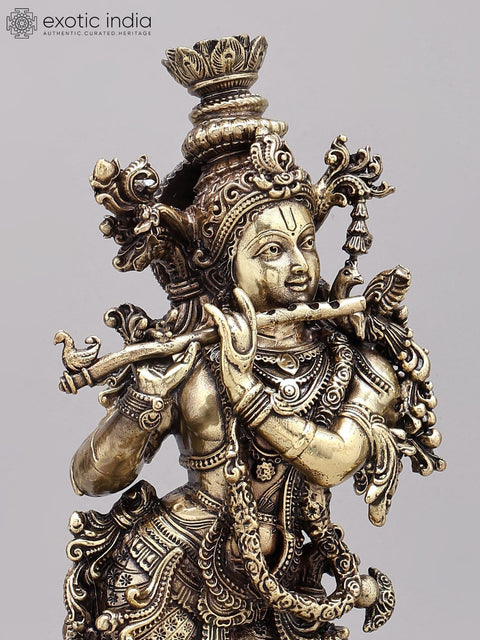 14" Superfine Fluting Lord Krishna with Peacock Lamps | Brass Statue on Wood Base