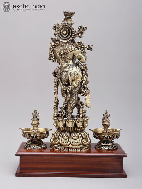 14" Superfine Fluting Lord Krishna with Peacock Lamps | Brass Statue on Wood Base