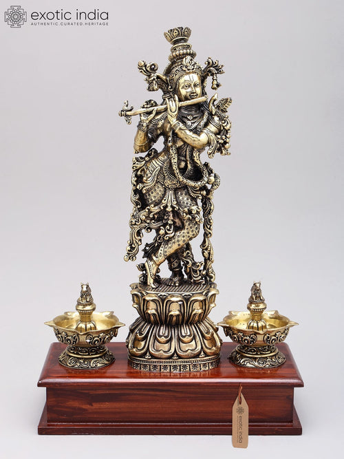 14" Brass Lord Krishna with Nandi Lamps Handmade Statue on Wood Base
