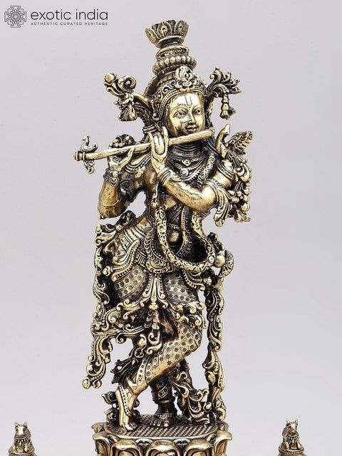 14" Superfine Fluting Lord Krishna with Nandi Lamps | Brass Statue on Wood Base