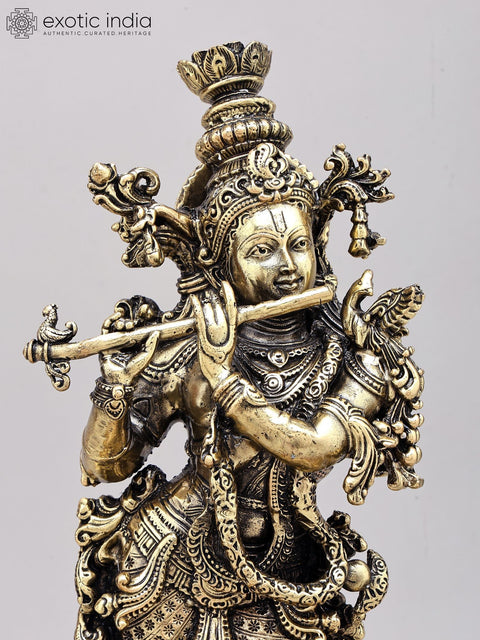 14" Superfine Fluting Lord Krishna with Nandi Lamps | Brass Statue on Wood Base