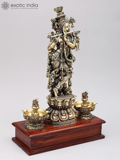 14" Superfine Fluting Lord Krishna with Nandi Lamps | Brass Statue on Wood Base
