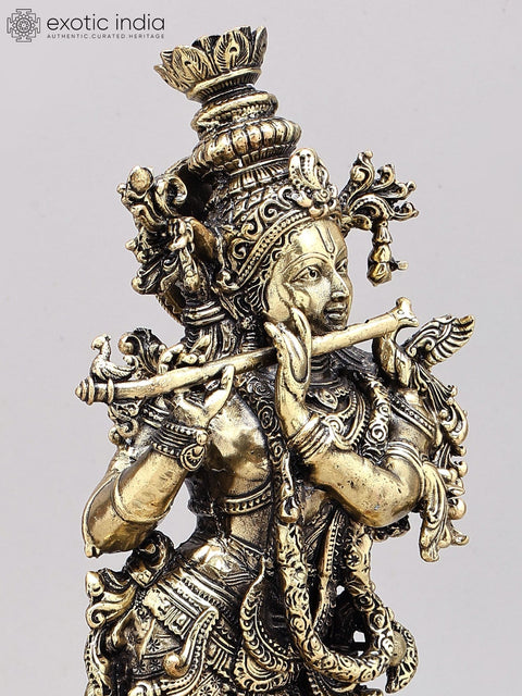 14" Superfine Fluting Lord Krishna with Nandi Lamps | Brass Statue on Wood Base