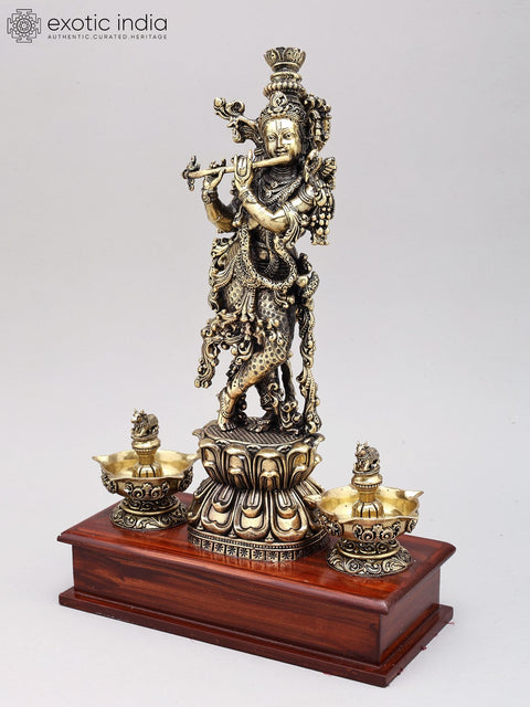 14" Superfine Fluting Lord Krishna with Nandi Lamps | Brass Statue on Wood Base