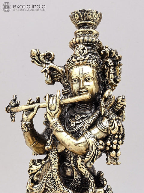 14" Superfine Fluting Lord Krishna with Nandi Lamps | Brass Statue on Wood Base