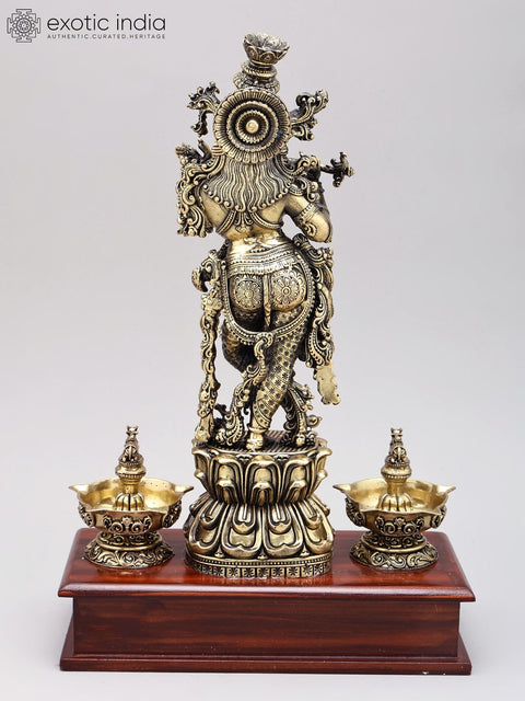 14" Superfine Fluting Lord Krishna with Nandi Lamps | Brass Statue on Wood Base