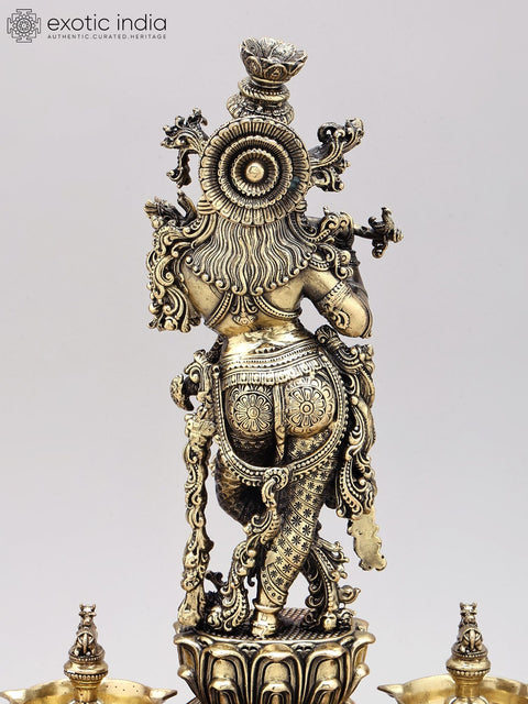 14" Superfine Fluting Lord Krishna with Nandi Lamps | Brass Statue on Wood Base