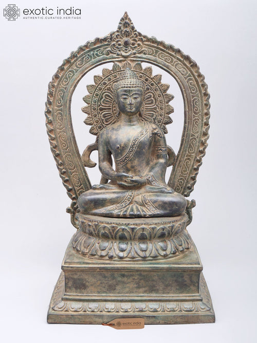 16" Lord Buddha Seated on Throne Brass Statue