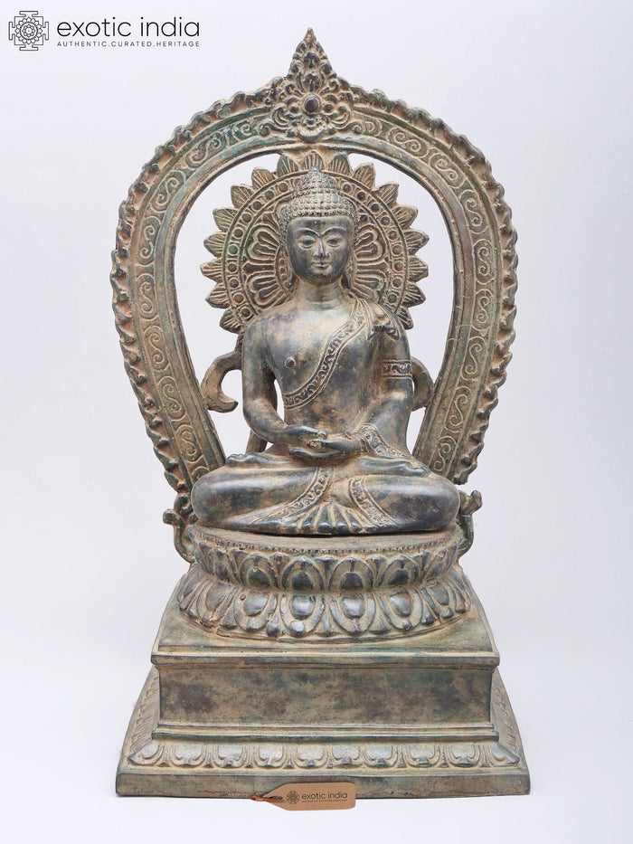 16" Lord Buddha Seated on Throne Brass Statue