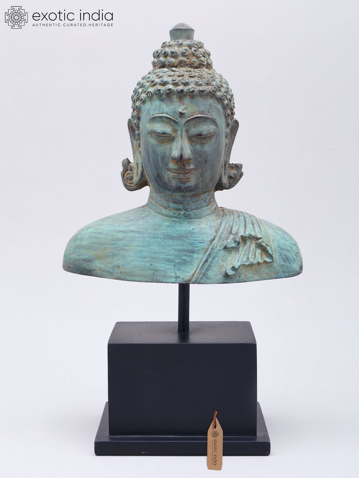 12" Brass Buddha Bust Sculpture on Wood Base