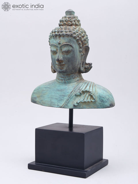 12" Brass Buddha Bust on Wood Base
