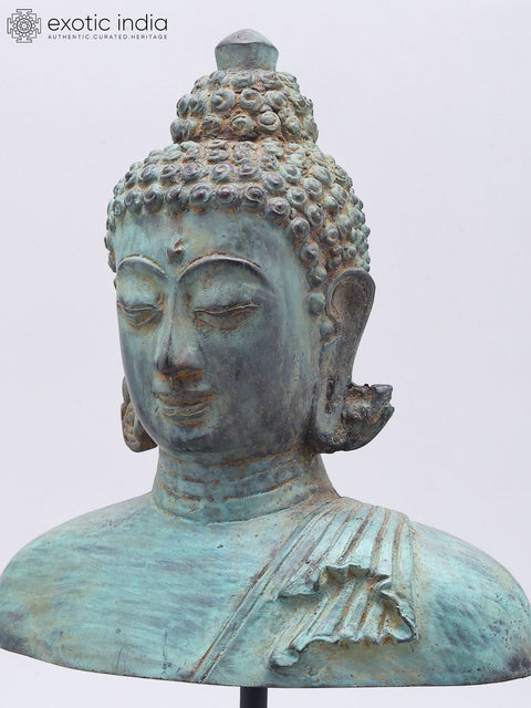 12" Brass Buddha Bust on Wood Base
