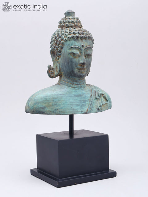 12" Brass Buddha Bust on Wood Base