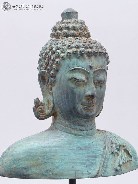 12" Brass Buddha Bust on Wood Base