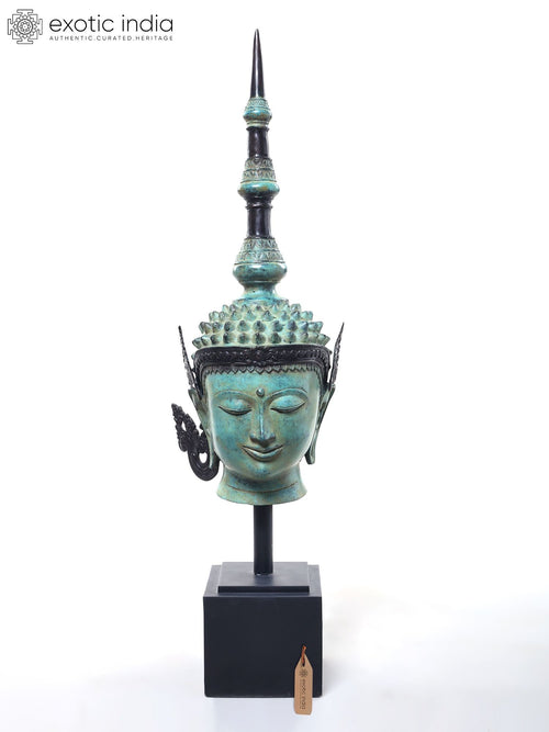32" Large Buddha Head Brass Statue with Wood Base for Home Decor