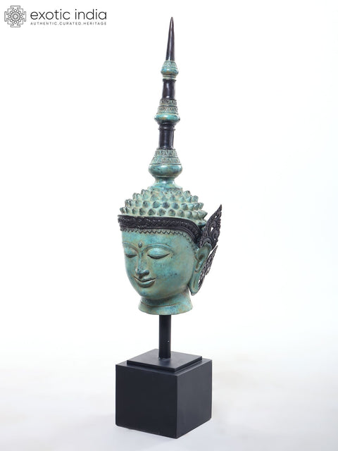 32" Large Buddha Head Statue on Wood Base