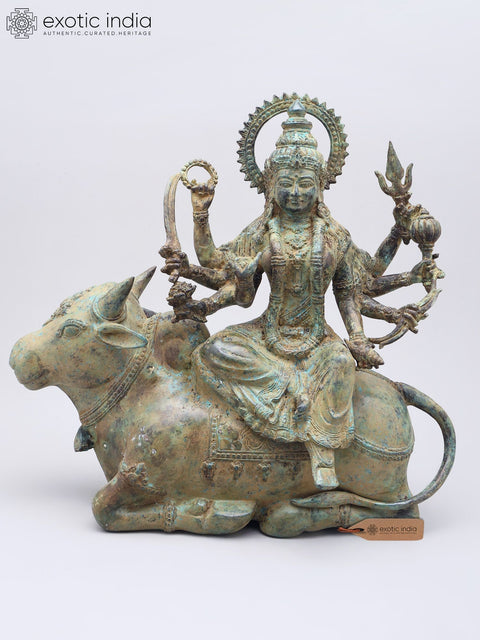 15" Goddess Durga Seated on Nandi | Brass Statue