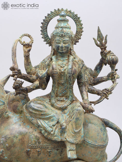 15" Goddess Durga Seated on Nandi | Brass Statue