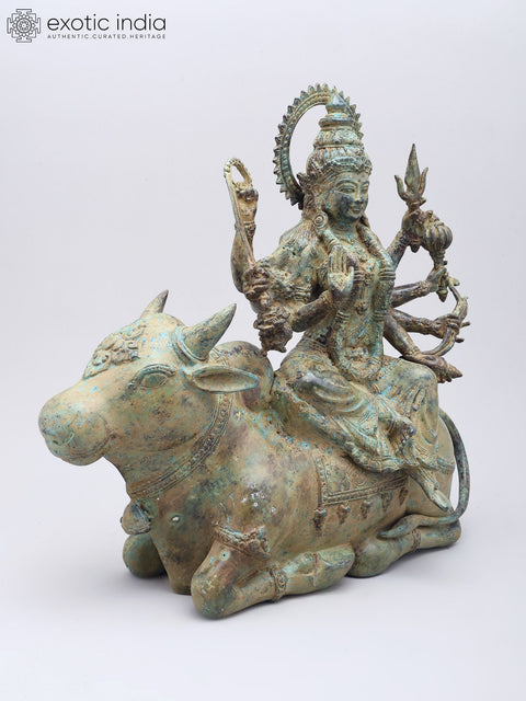 15" Goddess Durga Seated on Nandi | Brass Statue