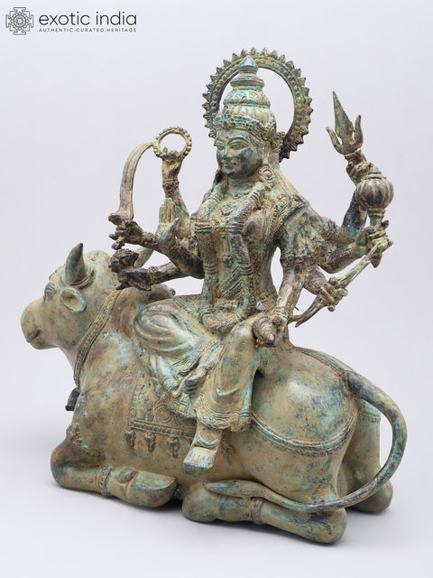 15" Goddess Durga Seated on Nandi | Brass Statue