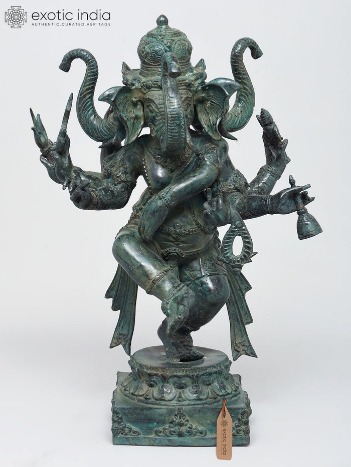 19" Three Headed Dancing Ganesha Brass Statue for Home Decor
