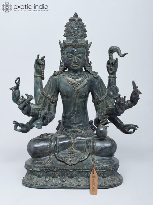 21" Ten Armed Sitting Lord Indra Brass Statue Handmade