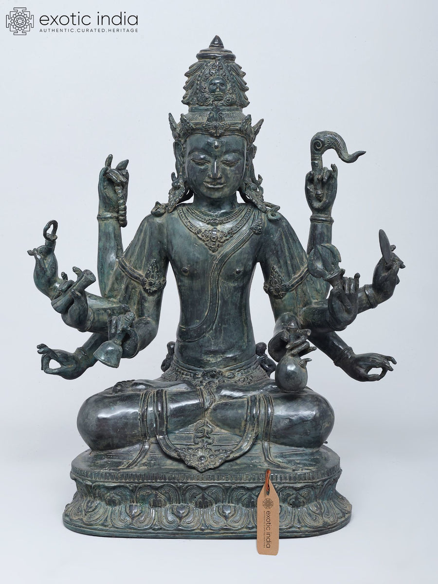 21" Ten Armed Sitting Lord Indra Brass Statue Handmade