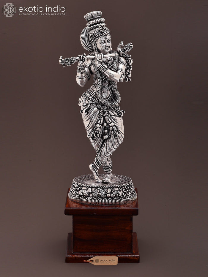 9" Fluting Lord Krishna | Brass Statue on Wood Base
