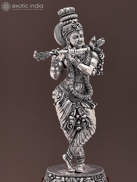9" Fluting Lord Krishna | Brass Statue on Wood Base