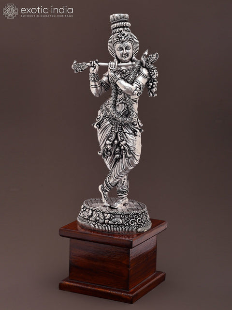 9" Fluting Lord Krishna | Brass Statue on Wood Base