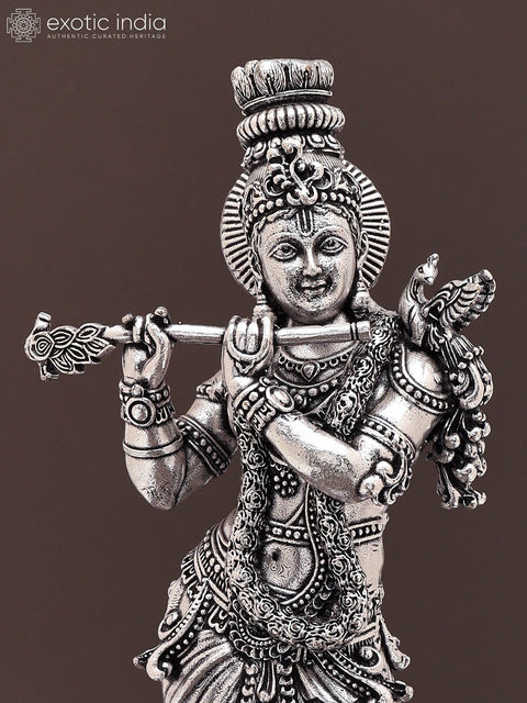 9" Fluting Lord Krishna | Brass Statue on Wood Base