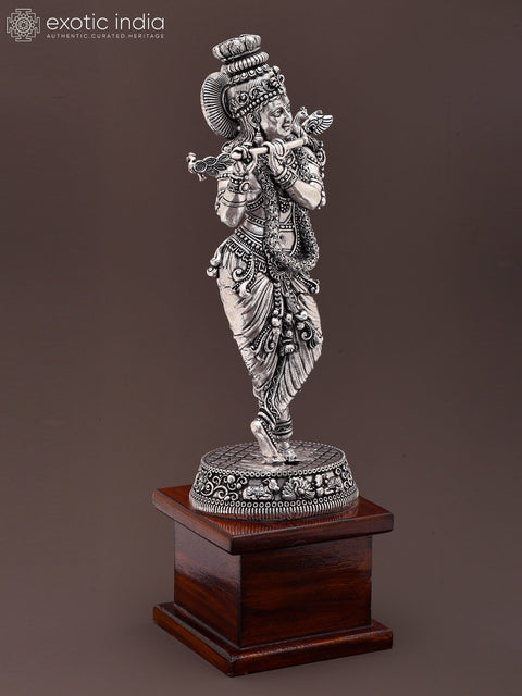 9" Fluting Lord Krishna | Brass Statue on Wood Base