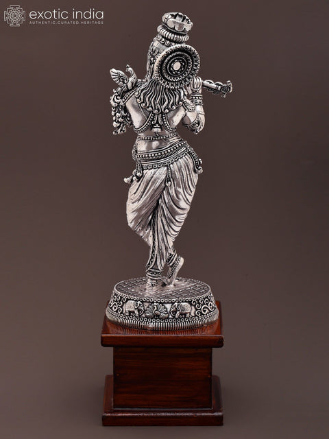 9" Fluting Lord Krishna | Brass Statue on Wood Base