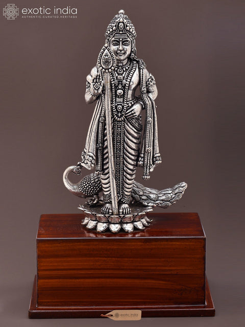 8" Superfine Standing Lord Murugan (Karttikeya) | Silver Plated Brass Statue on Wood Base