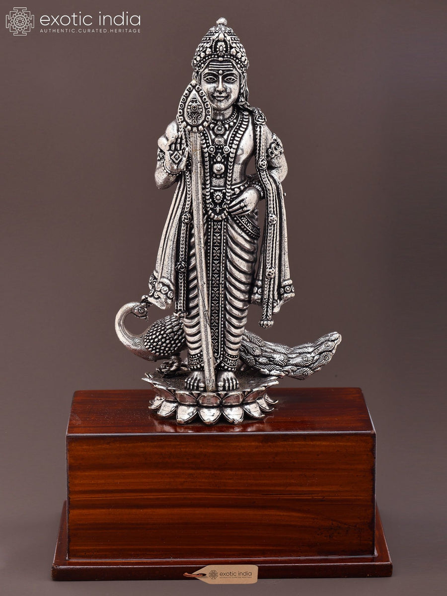 8" Handmade Murugan Silver Plated Brass Statue with Wood Base