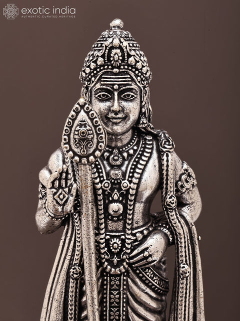 8" Superfine Standing Lord Murugan (Karttikeya) | Silver Plated Brass Statue on Wood Base
