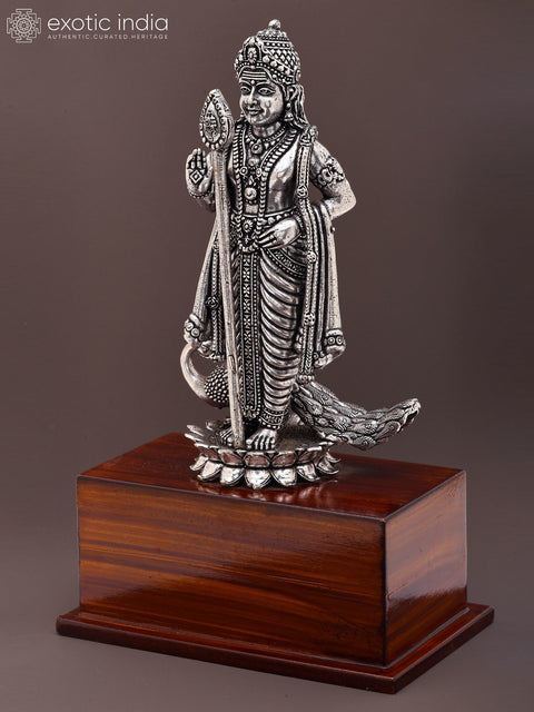 8" Superfine Standing Lord Murugan (Karttikeya) | Silver Plated Brass Statue on Wood Base