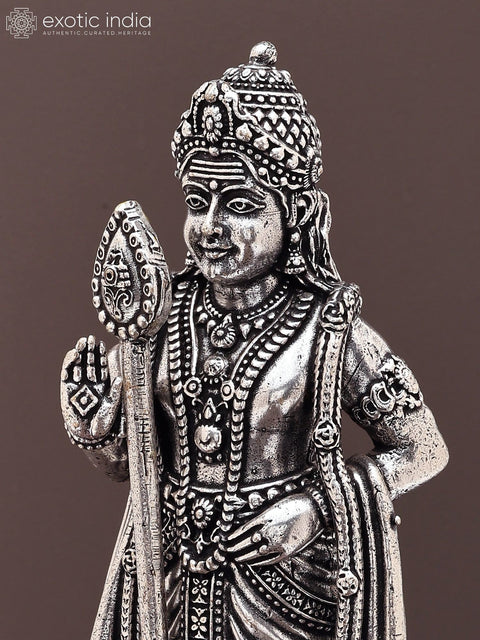 8" Superfine Standing Lord Murugan (Karttikeya) | Silver Plated Brass Statue on Wood Base