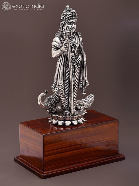 8" Superfine Standing Lord Murugan (Karttikeya) | Silver Plated Brass Statue on Wood Base
