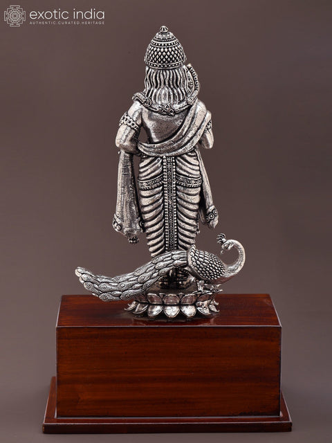 8" Superfine Standing Lord Murugan (Karttikeya) | Silver Plated Brass Statue on Wood Base