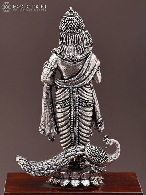 8" Superfine Standing Lord Murugan (Karttikeya) | Silver Plated Brass Statue on Wood Base