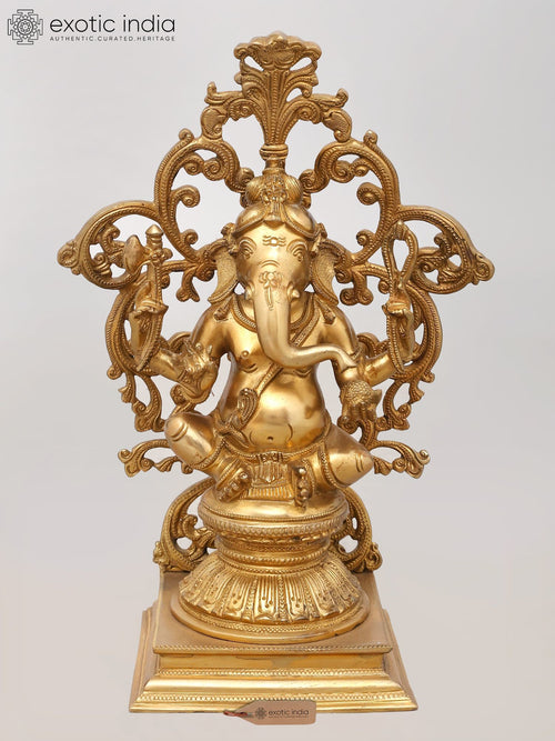 13" Seated Lord Ganesha Brass Statue with Ornate Prabhavali