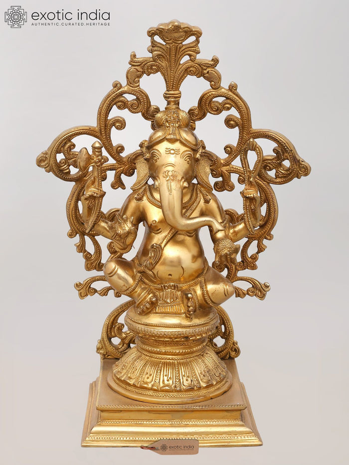 13" Seated Lord Ganesha Brass Statue with Ornate Prabhavali