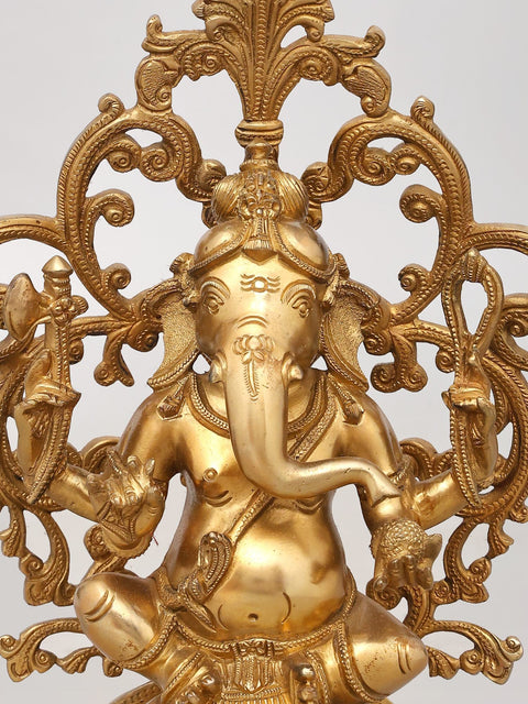 13" Majestic Seated Lord Ganesha with Ornate Prabhavali - Brass Statue