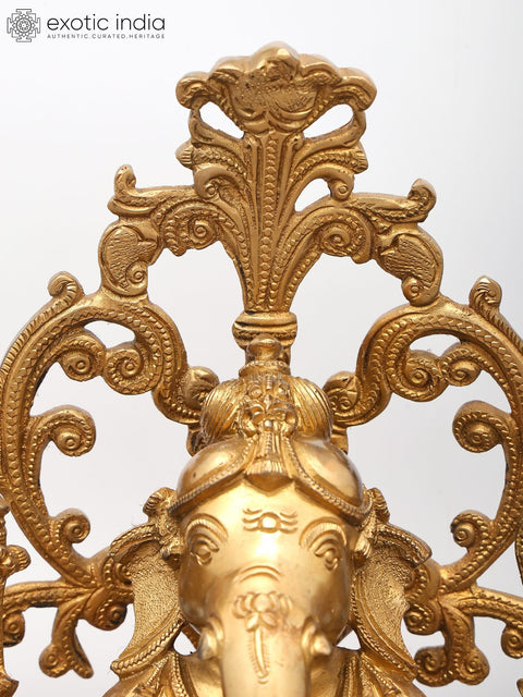 13" Majestic Seated Lord Ganesha with Ornate Prabhavali - Brass Statue