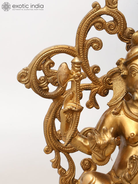 13" Majestic Seated Lord Ganesha with Ornate Prabhavali - Brass Statue