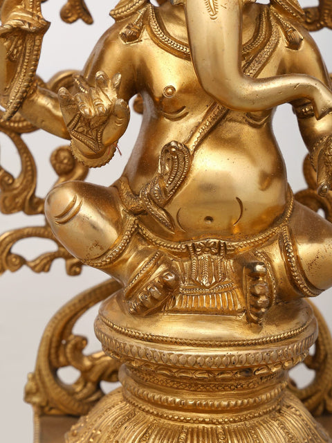 13" Majestic Seated Lord Ganesha with Ornate Prabhavali - Brass Statue