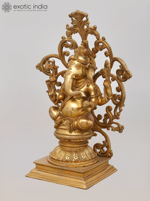 13" Majestic Seated Lord Ganesha with Ornate Prabhavali - Brass Statue